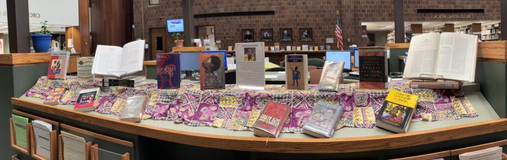 book display in library featuring African American writers, including a new book and profile in the center edited by a GCC staff member, Monique Franz